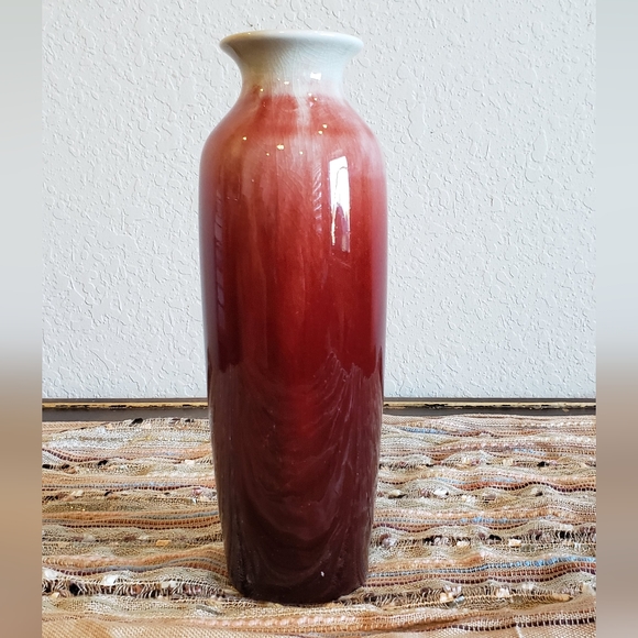 White & Red Ombre Ceramic Drip Crackle Glaze Table Vase MCM Christmas Holiday - Picture 1 of 10